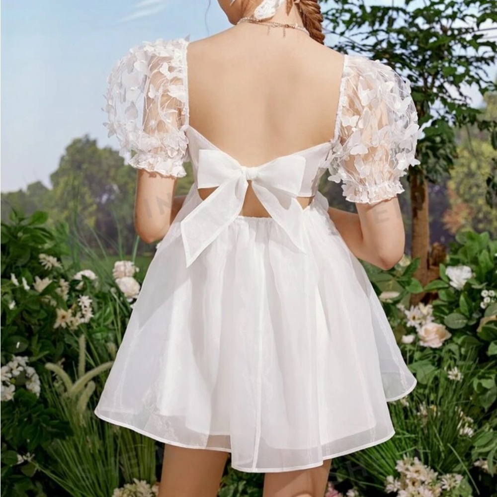 Small SHEIN Puff Sleeve Appliqué  Butterfly Tie Back Mesh Babydoll Dress